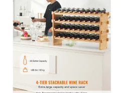 Suporte para Vinhos, SucceBuy Suporte para Vinhos Empilhável de 4 Níveis para 36 Garrafas, Prateleira de Madeira de Bambú Natural