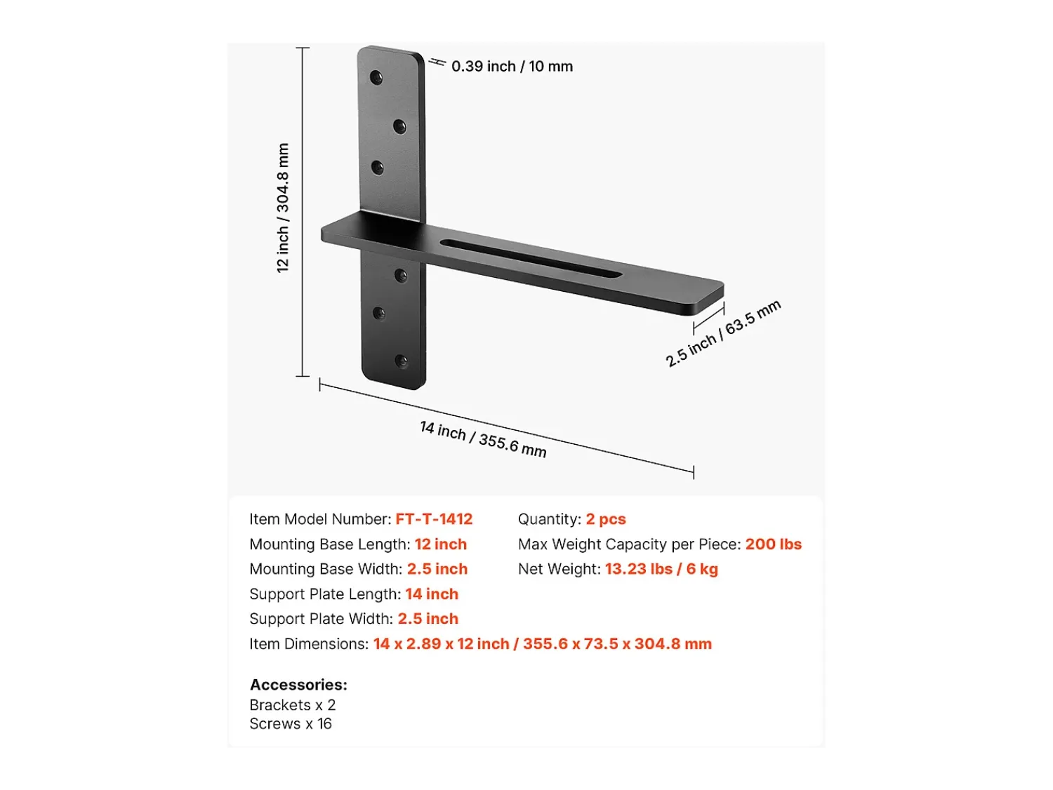 Suportes de Prateleira em T SucceBuy, Conjunto de 2, Capacidade de Carga de 90 kg, Dimensões 35.56x 7.35 x 30.48 cm, Suportes de Prateleira de Aço Duráveis^ Prateleira