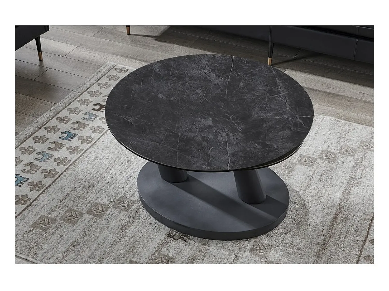 Meublorama Table baixa VIRELLO – Mesa de centro redonda Ø80 cm – Pedra natural cinza escura & metal – Design contemporâneo e robusto^ Mesa De Centro