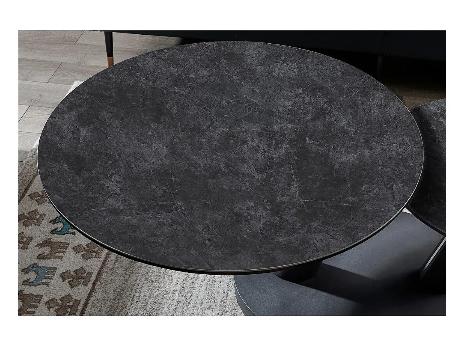 Meublorama Table baixa VIRELLO – Mesa de centro redonda Ø80 cm – Pedra natural cinza escura & metal – Design contemporâneo e robusto^ Mesa De Centro