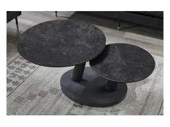 Meublorama Table baixa VIRELLO – Mesa de centro redonda Ø80 cm – Pedra natural cinza escura & metal – Design contemporâneo e robusto^ Mesa De Centro