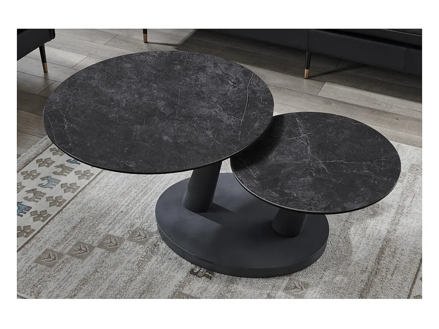 Meublorama Table baixa VIRELLO – Mesa de centro redonda Ø80 cm – Pedra natural cinza escura & metal – Design contemporâneo e robusto^ Mesa De Centro