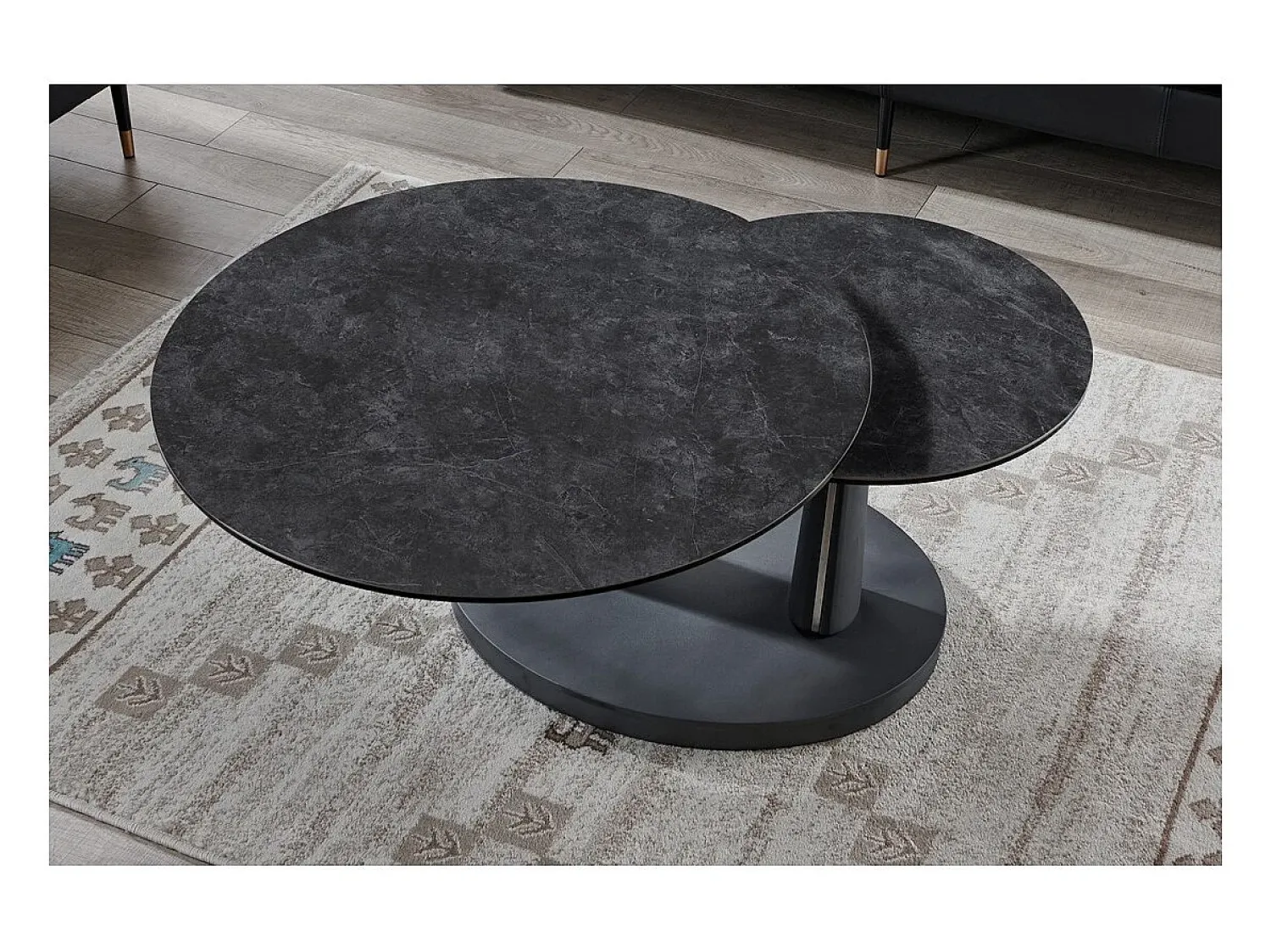 Meublorama Table baixa VIRELLO – Mesa de centro redonda Ø80 cm – Pedra natural cinza escura & metal – Design contemporâneo e robusto^ Mesa De Centro