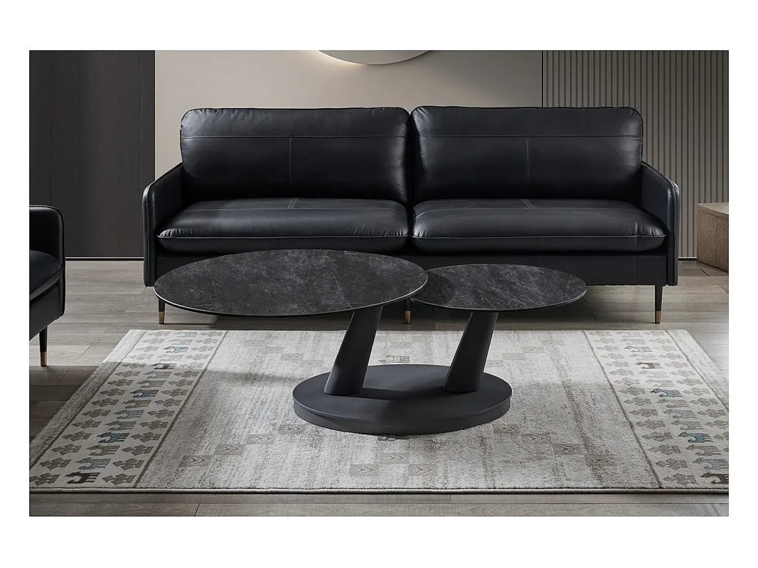 Meublorama Table baixa VIRELLO – Mesa de centro redonda Ø80 cm – Pedra natural cinza escura & metal – Design contemporâneo e robusto^ Mesa De Centro