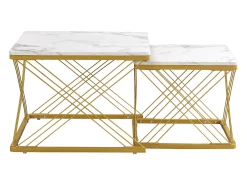 Hot Hauss Spole Table basse gigogne -Lot de 2 - Plateau finition brillant en effet marbre - Blanc et doré Dourado