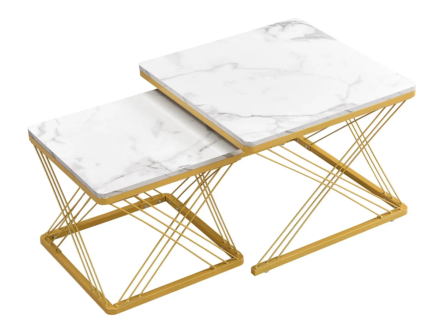 Hot Hauss Spole Table basse gigogne -Lot de 2 - Plateau finition brillant en effet marbre - Blanc et doré Dourado