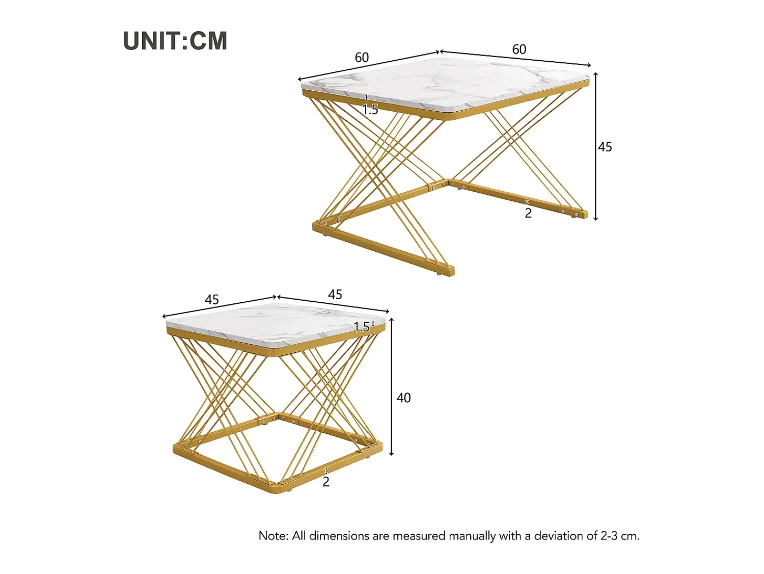 Hot Hauss Spole Table basse gigogne -Lot de 2 - Plateau finition brillant en effet marbre - Blanc et doré Dourado