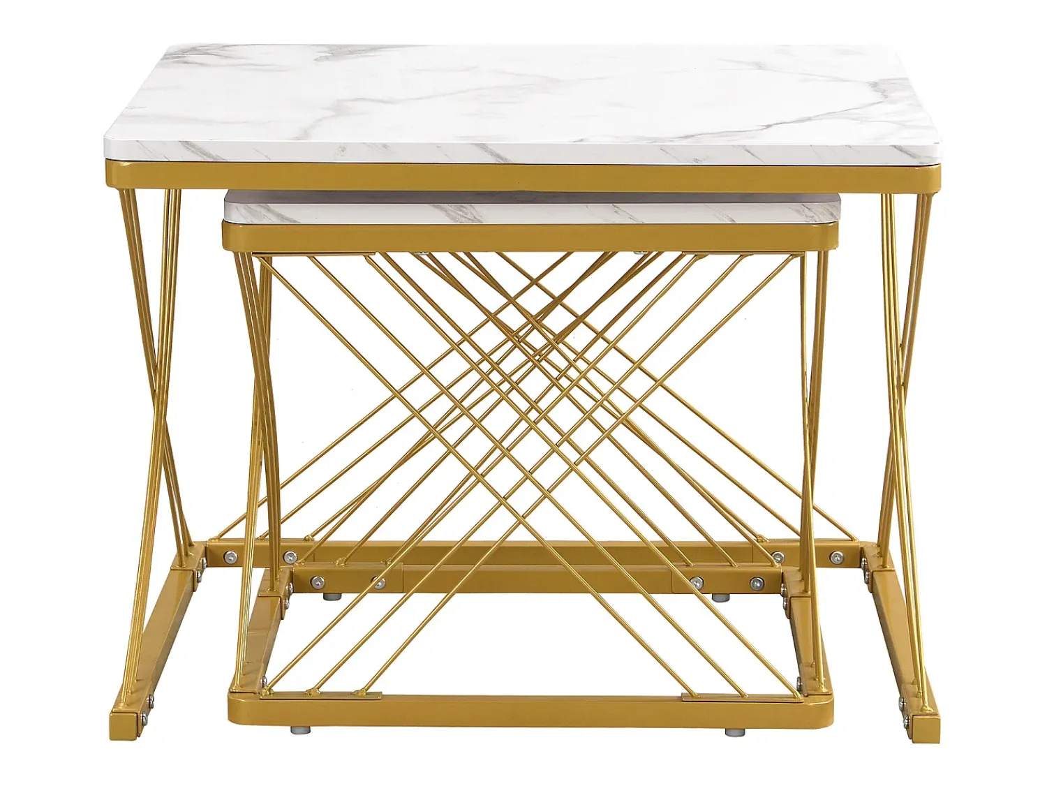 Hot Hauss Spole Table basse gigogne -Lot de 2 - Plateau finition brillant en effet marbre - Blanc et doré Dourado