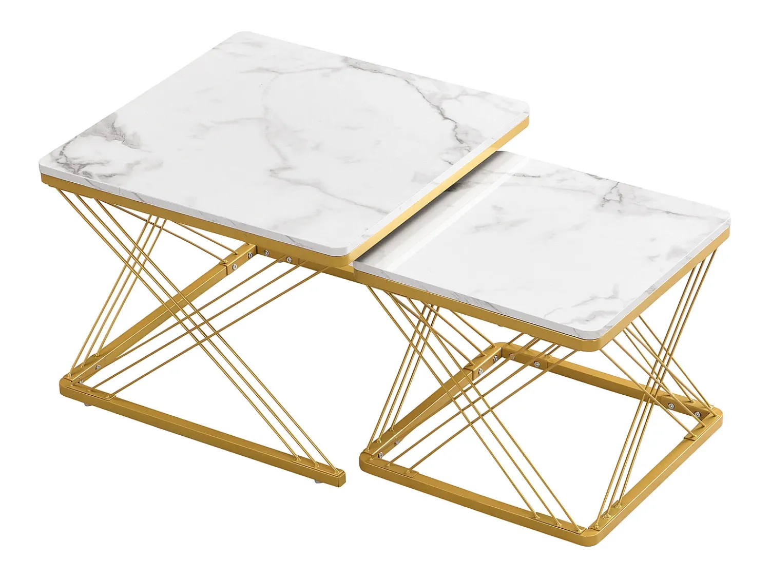 Hot Hauss Spole Table basse gigogne -Lot de 2 - Plateau finition brillant en effet marbre - Blanc et doré Dourado