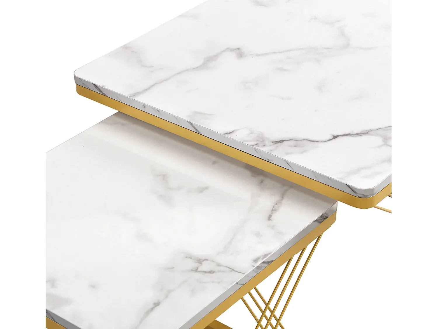 Hot Hauss Spole Table basse gigogne -Lot de 2 - Plateau finition brillant en effet marbre - Blanc et doré Dourado