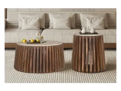 Mesa De Centro|Meublorama Table basse ronde en bois massif collection DELHI diamètre 70cm - Style ethnique et design Castanho