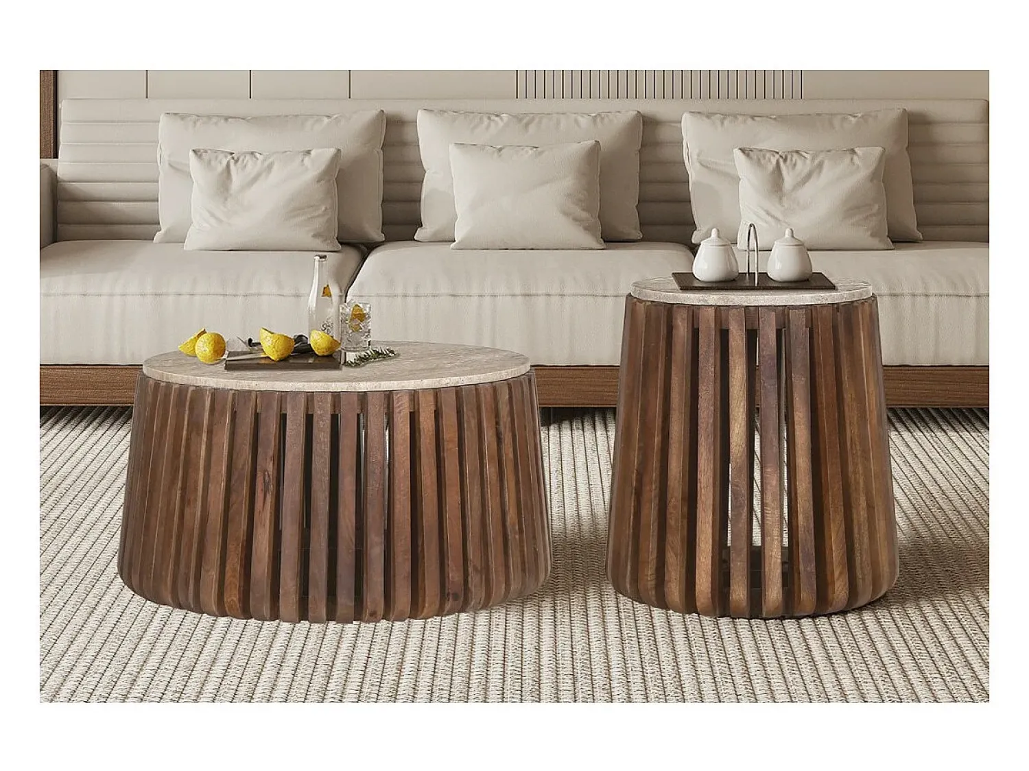 Mesa De Centro|Meublorama Table basse ronde en bois massif collection DELHI diamètre 70cm - Style ethnique et design Castanho