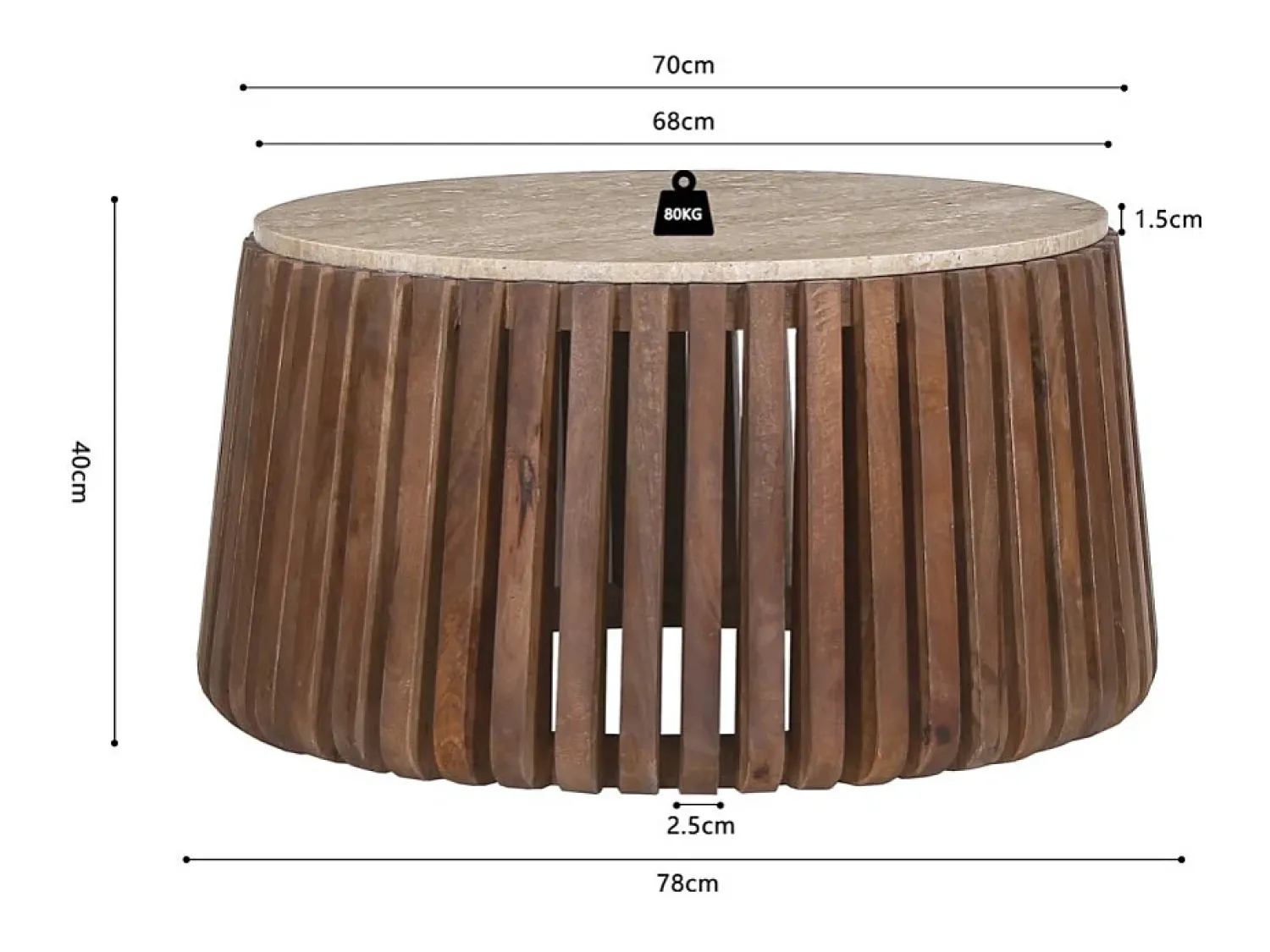 Mesa De Centro|Meublorama Table basse ronde en bois massif collection DELHI diamètre 70cm - Style ethnique et design Castanho