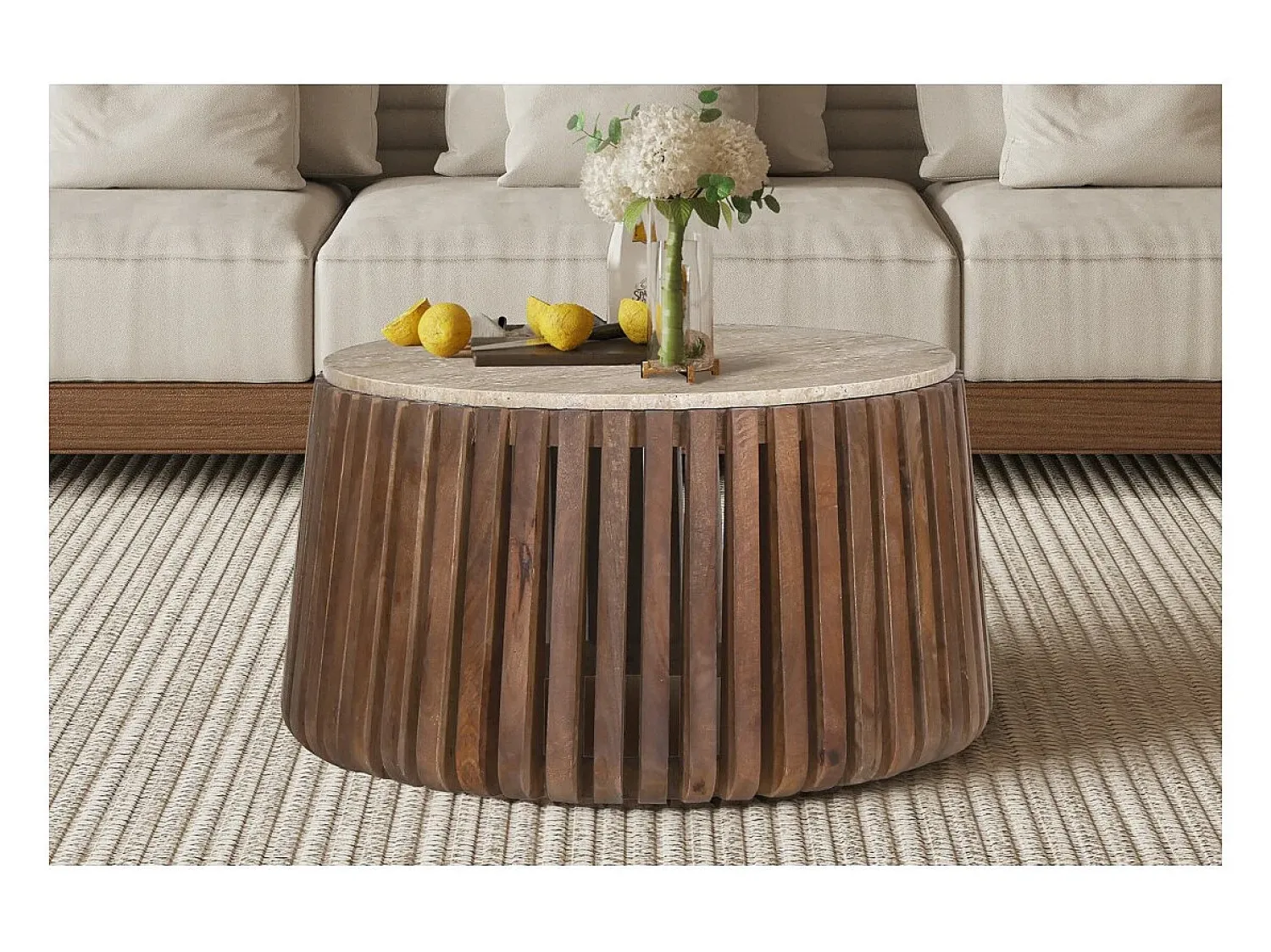 Mesa De Centro|Meublorama Table basse ronde en bois massif collection DELHI diamètre 70cm - Style ethnique et design Castanho