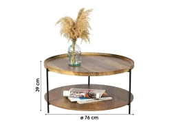 Mesa De Centro|Meublorama Table basse ronde JAYCE avec 2 niveaux, structure en métal noir, style ethnique Castanho