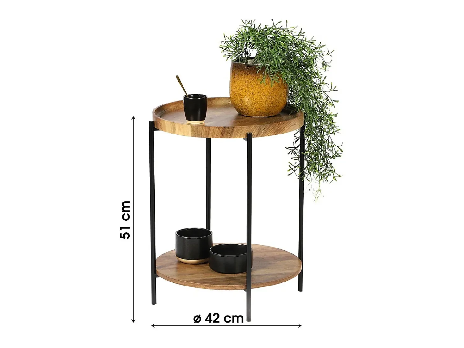 Mesa De Apoio*Meublorama Table d'appoint ronde JAYCE avec 2 niveaux, structure en métal noir, style ethnique Castanho