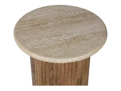 Mesa De Centro*Meublorama Table de centro MAELORA – Mesa de centro redonda Ø50 cm – Madeira de mangueira & travertino – Design natural e elegante Castanho