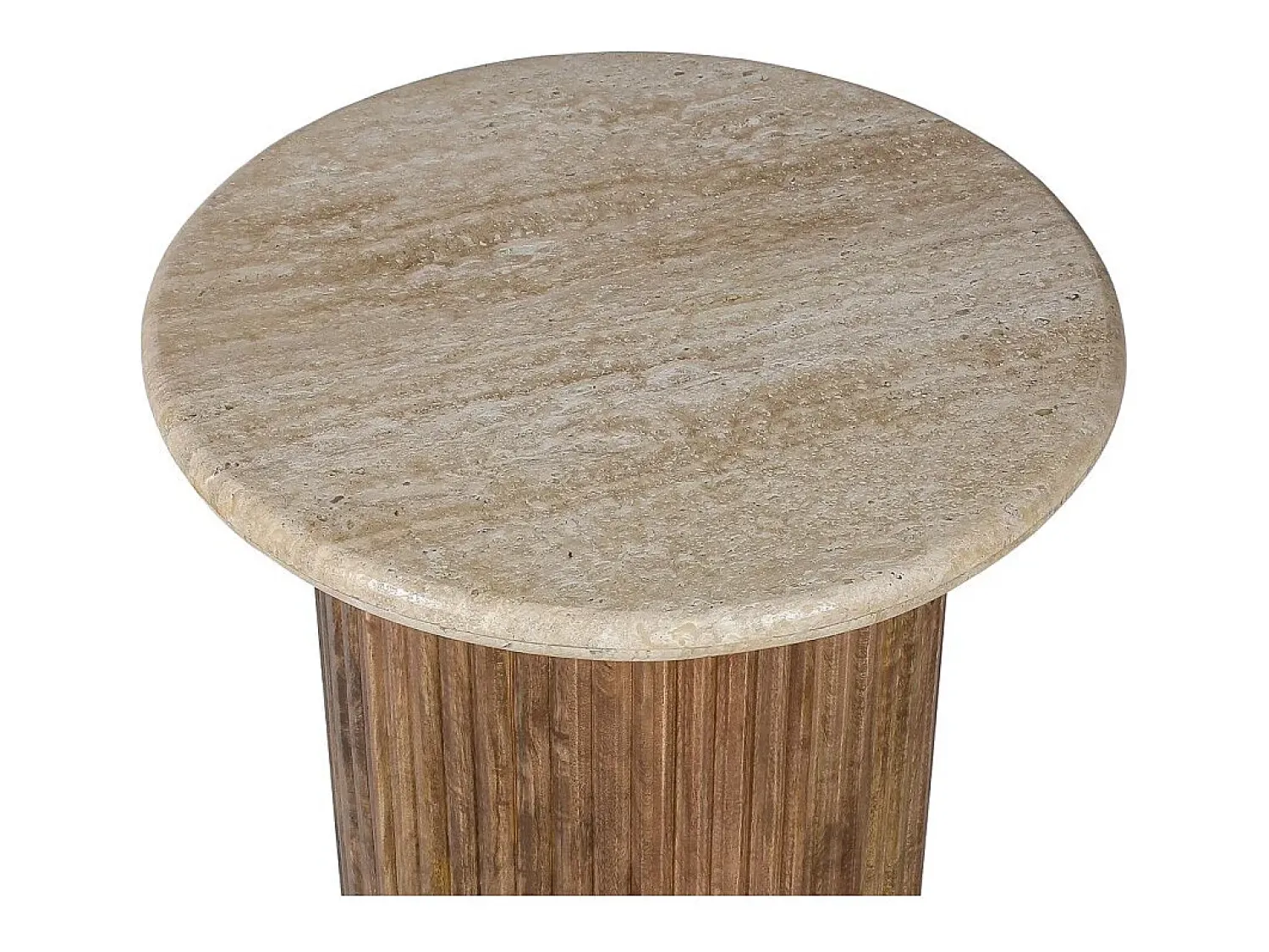 Mesa De Centro*Meublorama Table de centro MAELORA – Mesa de centro redonda Ø50 cm – Madeira de mangueira & travertino – Design natural e elegante Castanho