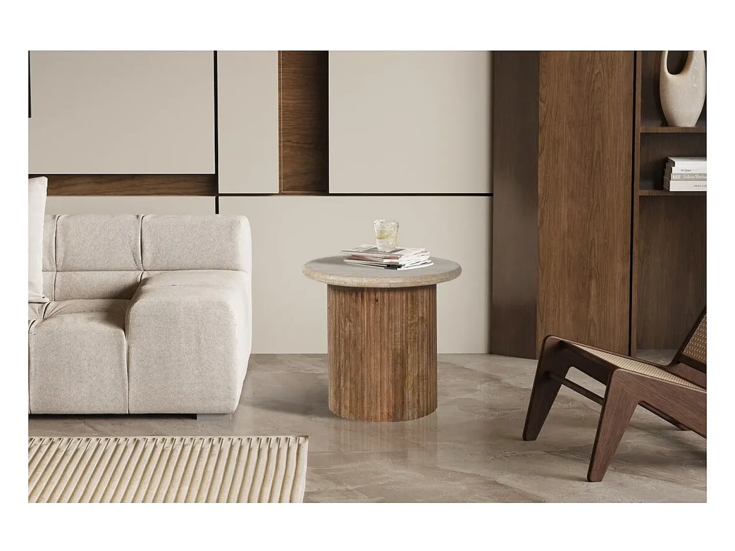 Mesa De Centro*Meublorama Table de centro MAELORA – Mesa de centro redonda Ø50 cm – Madeira de mangueira & travertino – Design natural e elegante Castanho