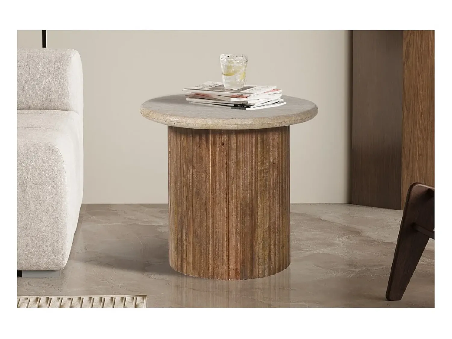 Mesa De Centro*Meublorama Table de centro MAELORA – Mesa de centro redonda Ø50 cm – Madeira de mangueira & travertino – Design natural e elegante Castanho