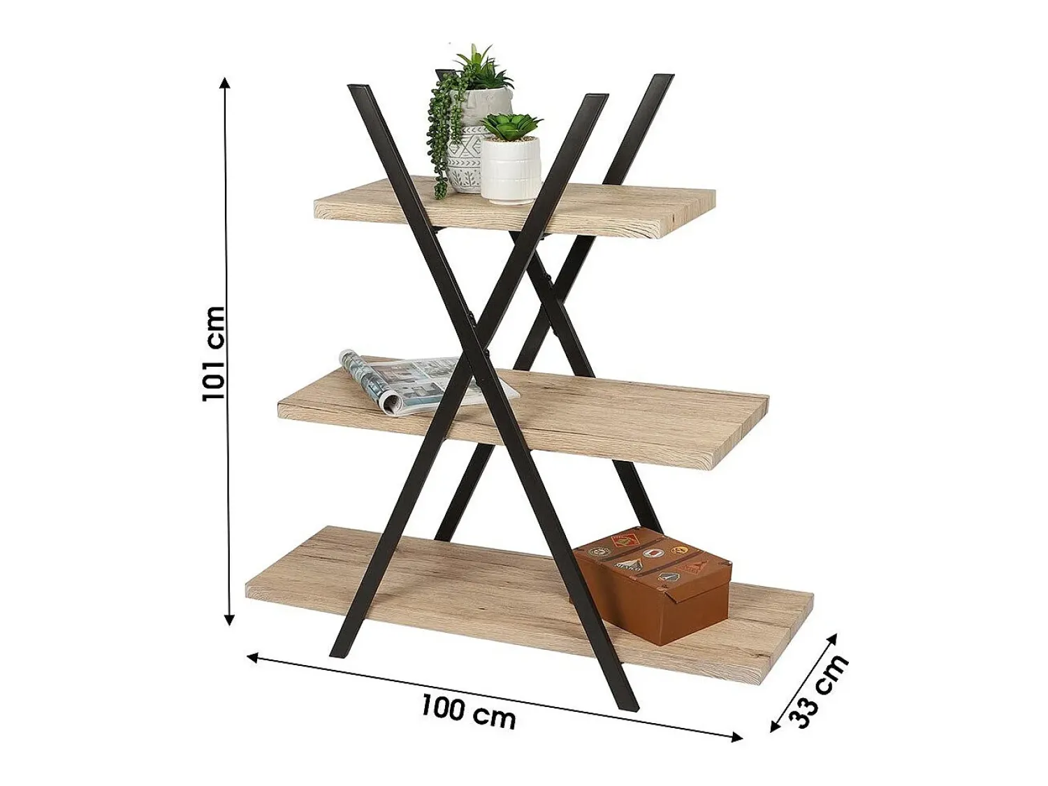 Meublorama Étagère pyramide 3 niveaux DARYL – Style industriel – Chêne et noir^ Prateleira