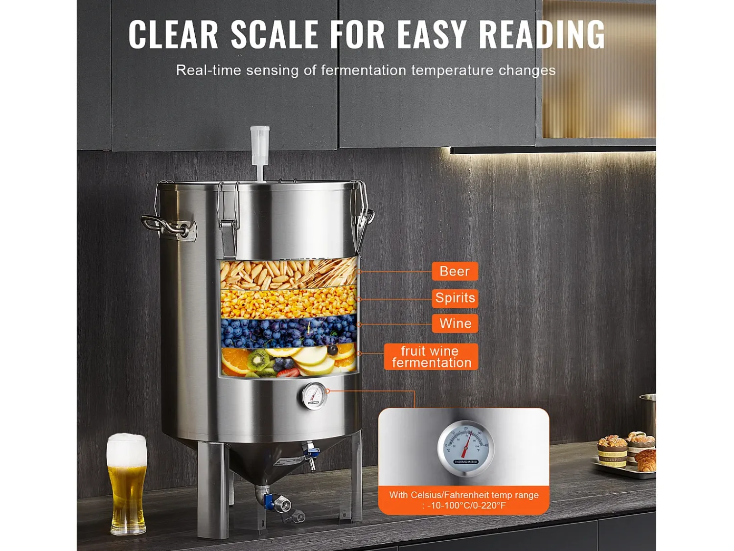 Tanque de Fermentação, SucceBuy Kit de Tanque de Fermentação Caseira de Aço Inoxidável de 60 L com Fermentador de Cerveja^ Acessório Vinho E Bar