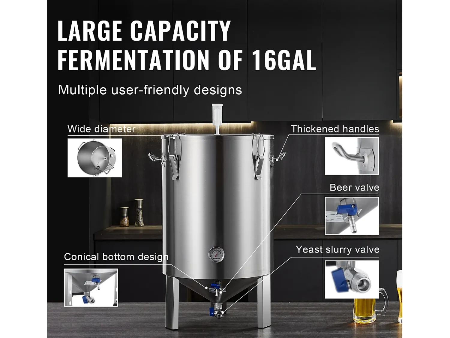 Tanque de Fermentação, SucceBuy Kit de Tanque de Fermentação Caseira de Aço Inoxidável de 60 L com Fermentador de Cerveja^ Acessório Vinho E Bar