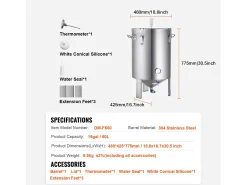 Tanque de Fermentação, SucceBuy Kit de Tanque de Fermentação Caseira de Aço Inoxidável de 60 L com Fermentador de Cerveja^ Acessório Vinho E Bar