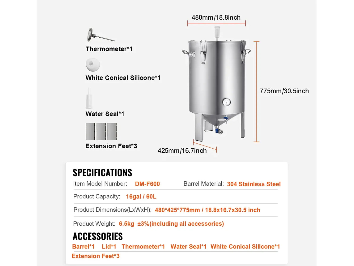 Tanque de Fermentação, SucceBuy Kit de Tanque de Fermentação Caseira de Aço Inoxidável de 60 L com Fermentador de Cerveja^ Acessório Vinho E Bar