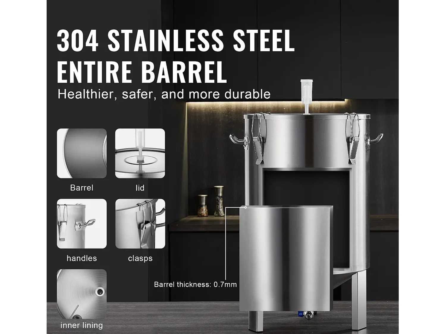 Tanque de Fermentação, SucceBuy Kit de Tanque de Fermentação Caseira de Aço Inoxidável de 60 L com Fermentador de Cerveja^ Acessório Vinho E Bar