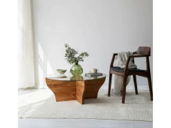 Clearance Dmora TavLinho de sala de estar Dborrell, Mesa de café, Suporte de revistas para sofá, Prateleira de sala de estar, 92x92h36 cm, Carvalho Castanho