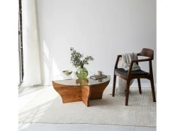 Clearance Dmora TavLinho de sala de estar Dborrell, Mesa de café, Suporte de revistas para sofá, Prateleira de sala de estar, 92x92h36 cm, Carvalho Castanho