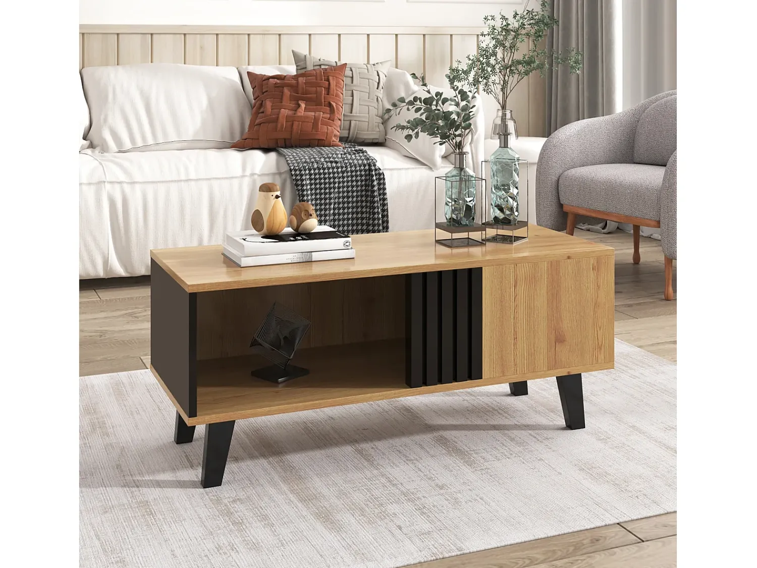 Tavolino da caffè 100 x 60 x 45 cm in legno colorato e design nero, tavolo da soggiorno con cassetto tavolino laterale^ Mesa De Centro