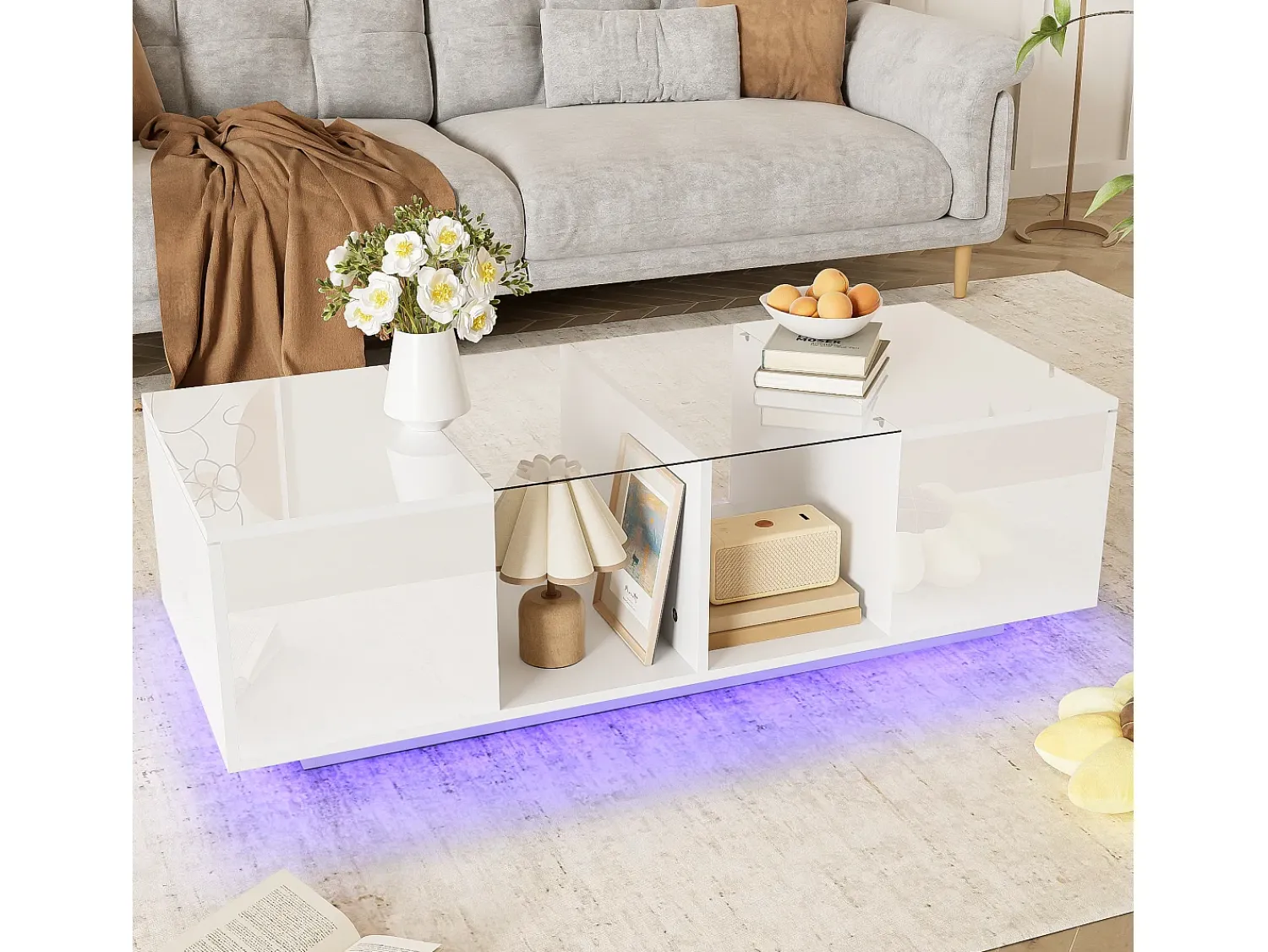 Tavolino da caffè moderno bianco con illuminazione a LED, piano del tavolo lucido, 120 x 50 x 38,5 cm^ Mesa De Centro