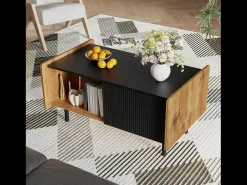 Mesa De Centro| Tavolino da caffè nero e legno da 90 cm – 2 scomparti aperti e 2 ante Preto