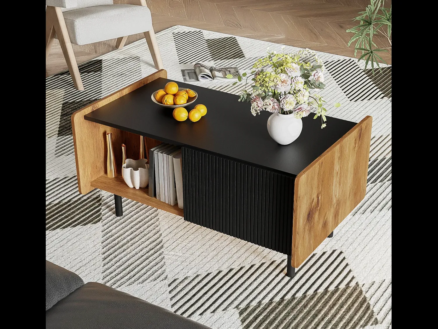 Mesa De Centro| Tavolino da caffè nero e legno da 90 cm – 2 scomparti aperti e 2 ante Preto