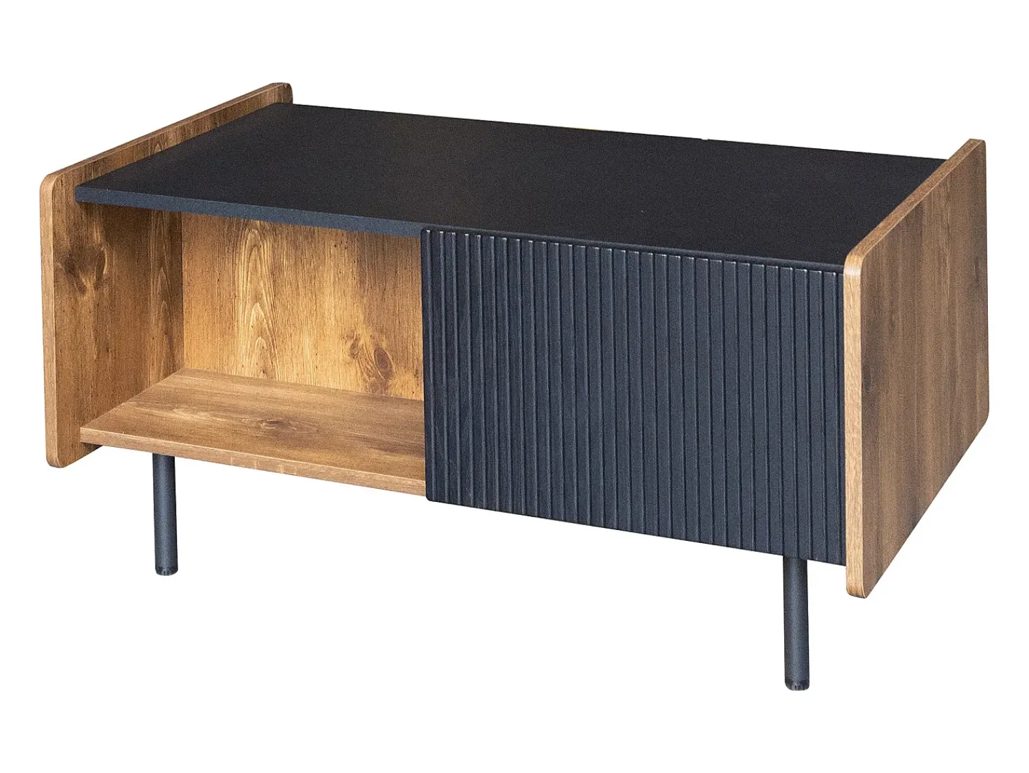 Mesa De Centro| Tavolino da caffè nero e legno da 90 cm – 2 scomparti aperti e 2 ante Preto