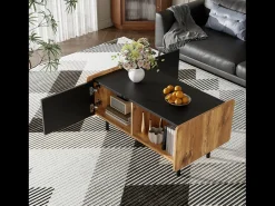 Mesa De Centro| Tavolino da caffè nero e legno da 90 cm – 2 scomparti aperti e 2 ante Preto