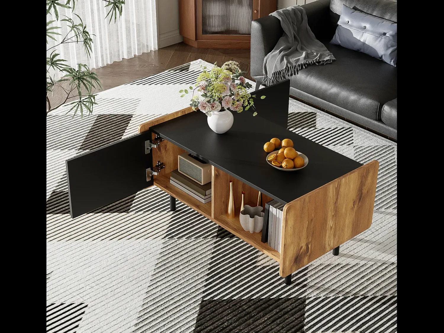 Mesa De Centro| Tavolino da caffè nero e legno da 90 cm – 2 scomparti aperti e 2 ante Preto