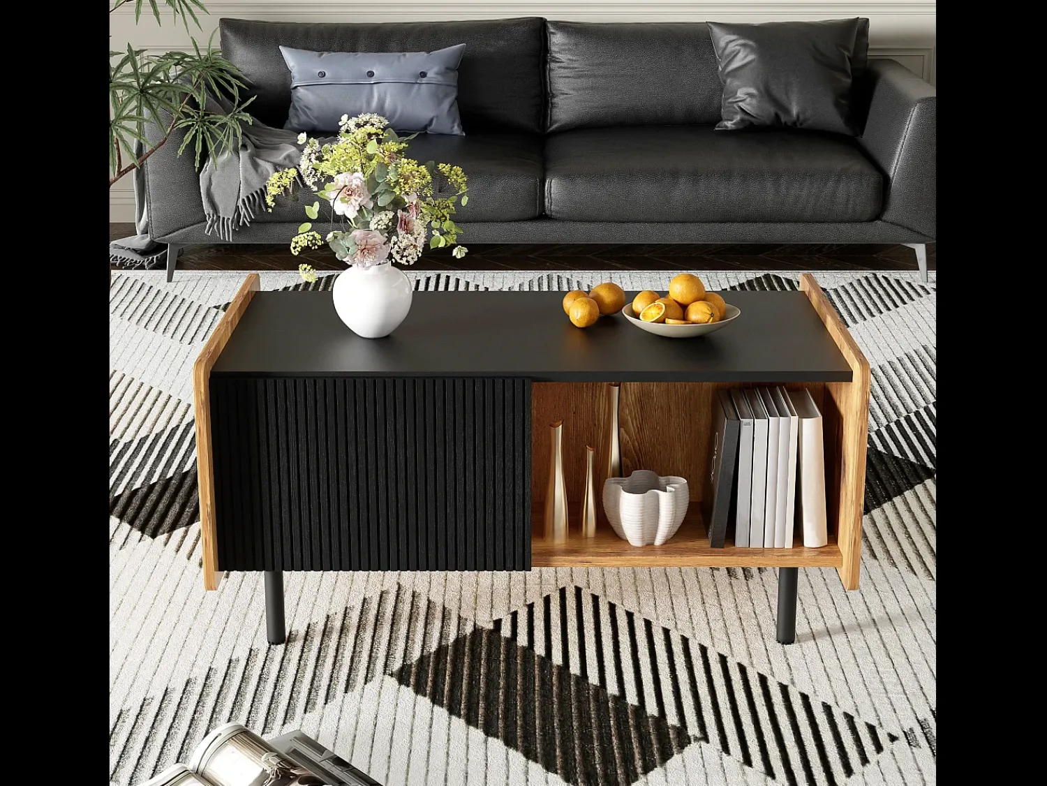 Mesa De Centro| Tavolino da caffè nero e legno da 90 cm – 2 scomparti aperti e 2 ante Preto