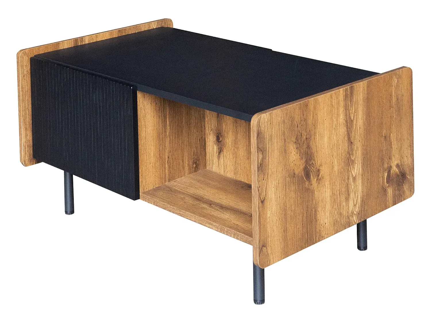 Mesa De Centro| Tavolino da caffè nero e legno da 90 cm – 2 scomparti aperti e 2 ante Preto