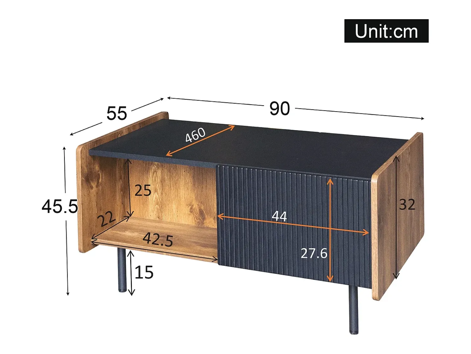 Mesa De Centro| Tavolino da caffè nero e legno da 90 cm – 2 scomparti aperti e 2 ante Preto
