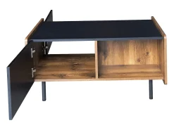 Mesa De Centro| Tavolino da caffè nero e legno da 90 cm – 2 scomparti aperti e 2 ante Preto