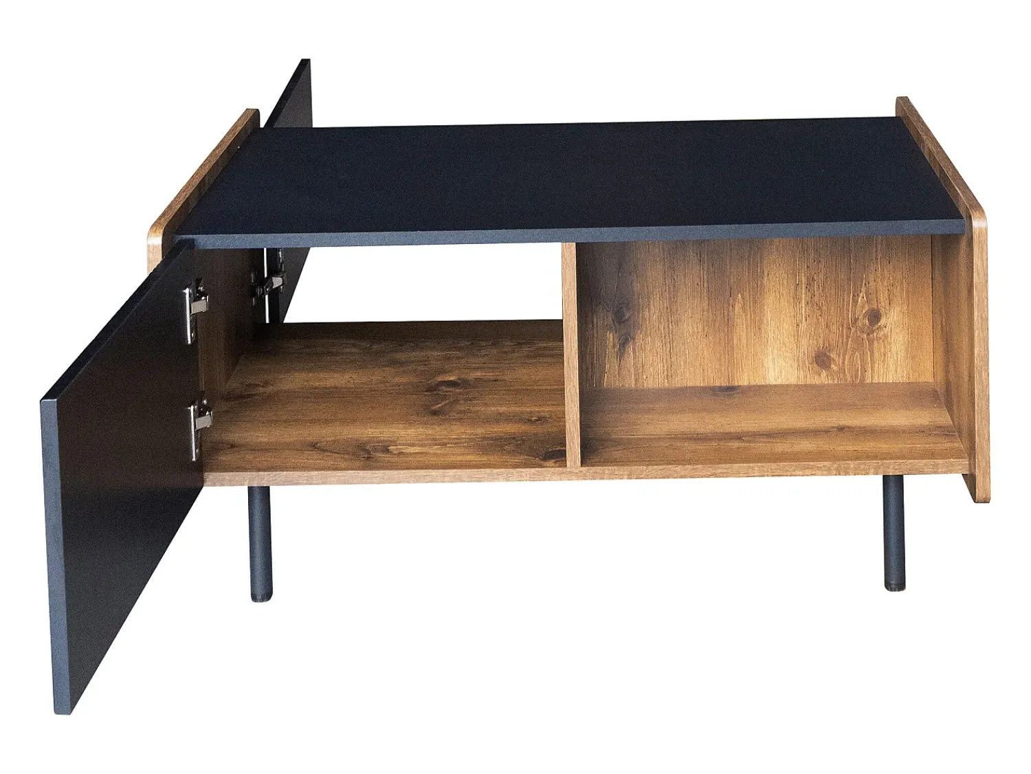 Mesa De Centro| Tavolino da caffè nero e legno da 90 cm – 2 scomparti aperti e 2 ante Preto