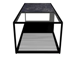 Mesa De Centro| Tavolino da caffè, tavolino in ferro battuto con vetro, ampio spazio di archiviazione Preto