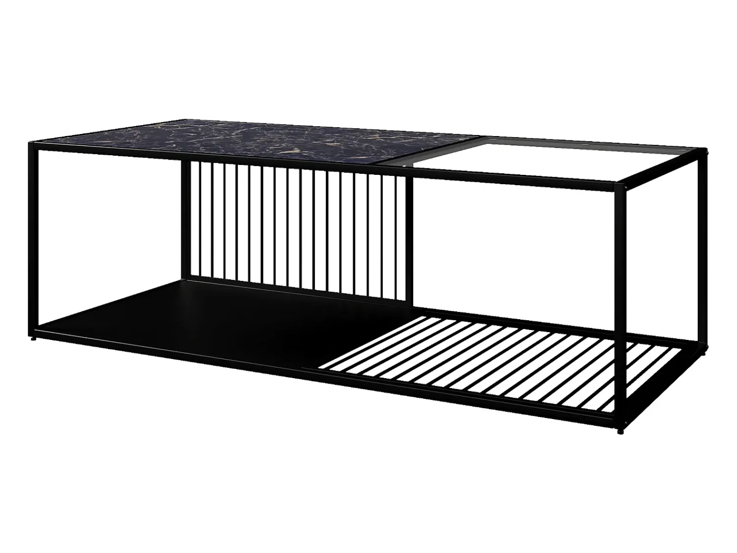 Mesa De Centro| Tavolino da caffè, tavolino in ferro battuto con vetro, ampio spazio di archiviazione Preto