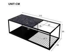 Mesa De Centro| Tavolino da caffè, tavolino in ferro battuto con vetro, ampio spazio di archiviazione Preto