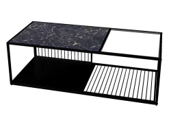 Mesa De Centro| Tavolino da caffè, tavolino in ferro battuto con vetro, ampio spazio di archiviazione Preto