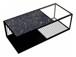 Mesa De Centro| Tavolino da caffè, tavolino in ferro battuto con vetro, ampio spazio di archiviazione Preto