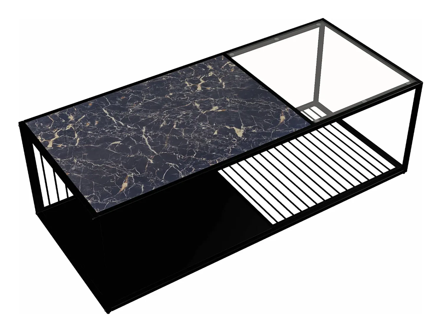 Mesa De Centro| Tavolino da caffè, tavolino in ferro battuto con vetro, ampio spazio di archiviazione Preto